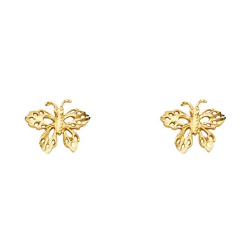 14K yellow gold butterfly stud earrings with diamond-cut wings detail, 8mm by 10mm
